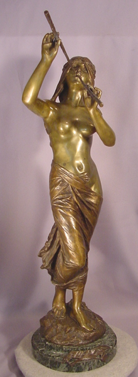 Antique Bronze Nude Nymph Blowing Pipes E. Drouot
