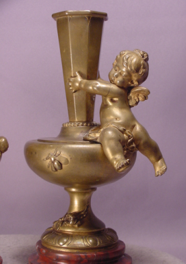 Pair Antique Cherub Bronze Marble Vases Aug. Moreau