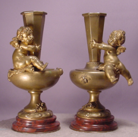 Pair Antique Cherub Bronze Marble Vases Aug. Moreau