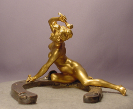 Antique Nude Lady Gilt Bronze On Horseshoe Recipon