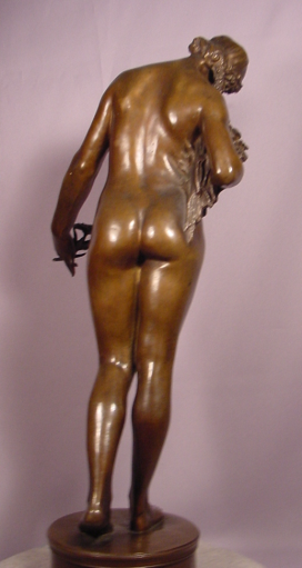 Antique Bronze Nude Lady With Flowers 22-1/2