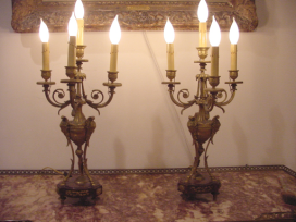 Antique Gilt Bronze & Rouge Marble 4 Light Candelabras