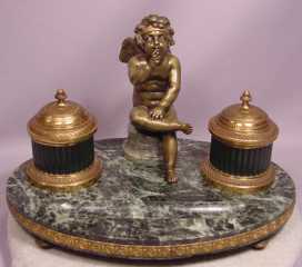 Beautiful Antique Bronze Seated Cherub Encrier