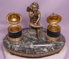 Beautiful Antique Bronze Seated Cherub Encrier