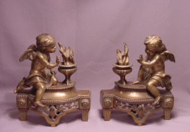 Wonderful Pair of Antique Cherub & Flame Bronze Chenets