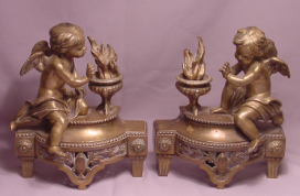 Wonderful Pair of Antique Cherub & Flame Bronze Chenets
