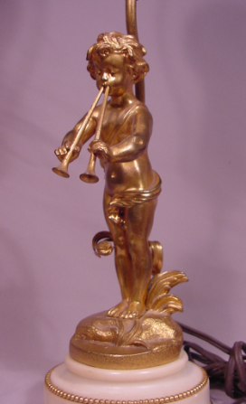 Beautiful Antique Gilt Bronze & Marble Lamp Putto Playing Pipes S. Kinsburger