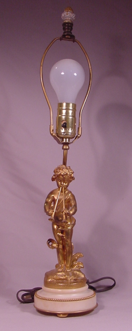 Beautiful Antique Gilt Bronze & Marble Lamp Putto Playing Pipes S. Kinsburger