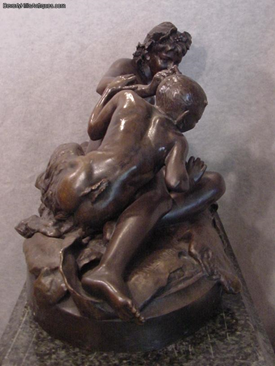 Mythological Nude Nymph with Young Satyr Antique Bronze Henri Allouard 1844-1929