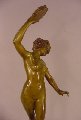 Antique Franz Sautner Bronze Sculpture Dancing Nude Lady with Tambourine