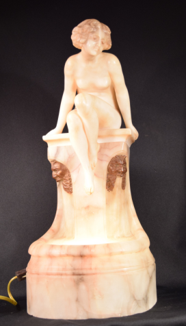 Beautiful Nude Lady Art Deco Alabaster Sculpture Lamp Artist Signed Prof.G.Benji
