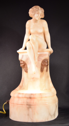Beautiful Nude Lady Art Deco Alabaster Sculpture Lamp Artist Signed Prof.G.Benji