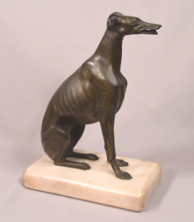 Antique Seated Bronze Greyhound on Marble Base Moveable Mouth