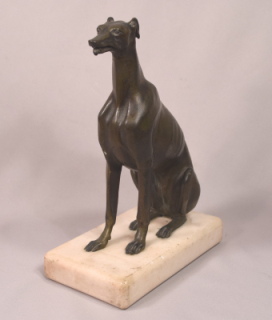 Antique Seated Bronze Greyhound on Marble Base Moveable Mouth