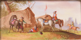 Antique Painting on Porcelain Plaque 3 Figures 4 Horses
