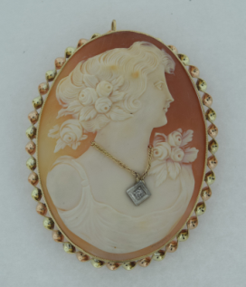 Very Large Antique 14K Gold & Diamond Shell Cameo Pendant Brooch