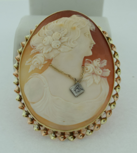 Very Large Antique 14K Gold & Diamond Shell Cameo Pendant Brooch