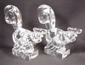Rare Pair Art Deco Steuben Glass Roosters # 7847 by Frederick Carder Circa 1925