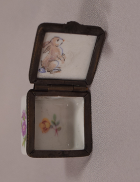 Unusual Antique Limoges Pill Box With Rabbit and Flower Inside Floral Decorated