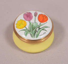 Beautiful Vintage Tulip Decorated Gilt Metal Rim Lift Off Top Crummles Pill Box