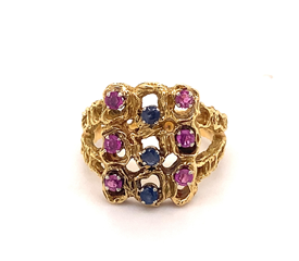 Vintage French Sapphire Ruby 18K Yellow Gold Ring