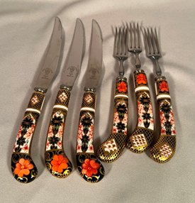 Royal Crown Derby Porcelain Handled 3 Knives and 3 Forks 6 Pieces
