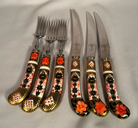 Royal Crown Derby Porcelain Handled 3 Knives and 3 Forks 6 Pieces