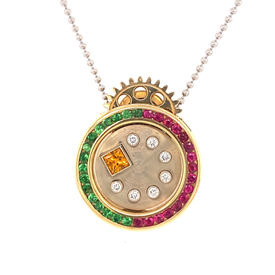Roberto Brun Mechanical Ruby Emerald Diamond 14K Gold Pendant Necklace