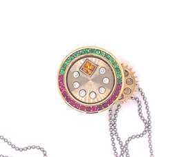 Roberto Brun Mechanical Ruby Emerald Diamond 14K Gold Pendant Necklace