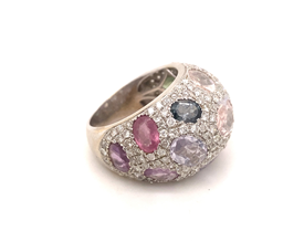 Designer Multi-Color Sapphire Diamond 18K Gold Bombe Ring