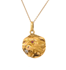 Antique Art Nouveau Lion Diamond Ruby Eye Pendant 18K Gold