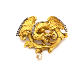 Antique Art Nouveau Griffin Diamond Pearl 18K Gold Brooch Pendant