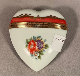 Rare heart shaped signed Limoges Dusarry porcelain box perfume bottle inside