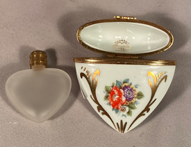 Rare heart shaped signed Limoges Dusarry porcelain box perfume bottle inside