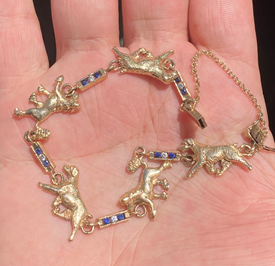 Beautiful Vintage 14K Gold Sapphires Diamonds Bracelet With Dogs