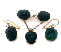 Set Of Antique Victorian Scarab Earrings Brooch Diamonds 14K Gold