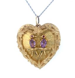 Vintage 14k Gold Love Bird Amethyst Ruby Heart Pendant 15 grams