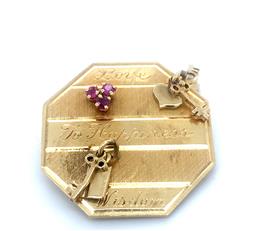 Vintage 4 Keys To Happiness Love Token 14K Sapphire Ruby Gold Pendant 