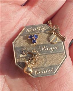 Vintage 4 Keys To Happiness Love Token 14K Sapphire Ruby Gold Pendant 